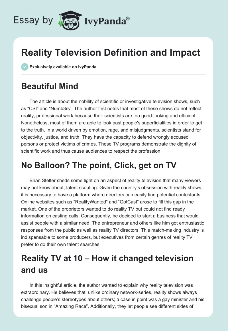 Reality Television Definition and Impact. Page 1