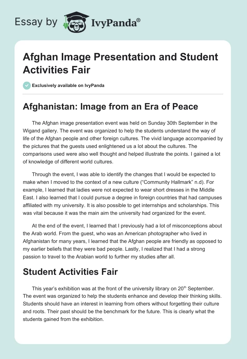 Afghan Image Presentation and Student Activities Fair. Page 1