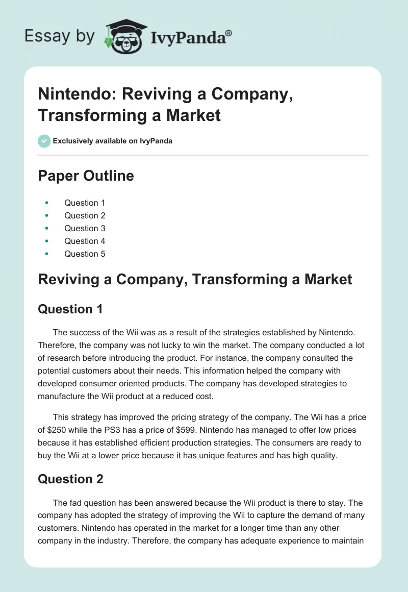 Nintendo: Reviving a Company, Transforming a Market. Page 1