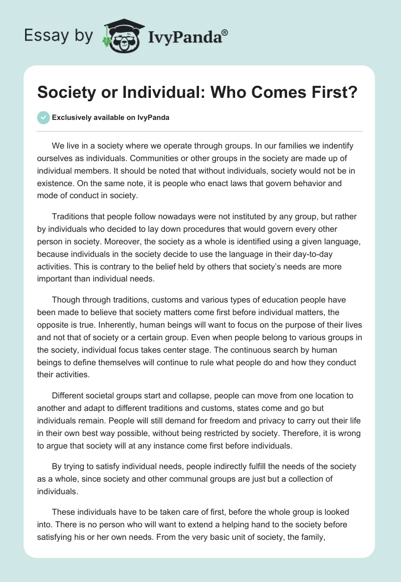 Society or Individual: Who Comes First?. Page 1