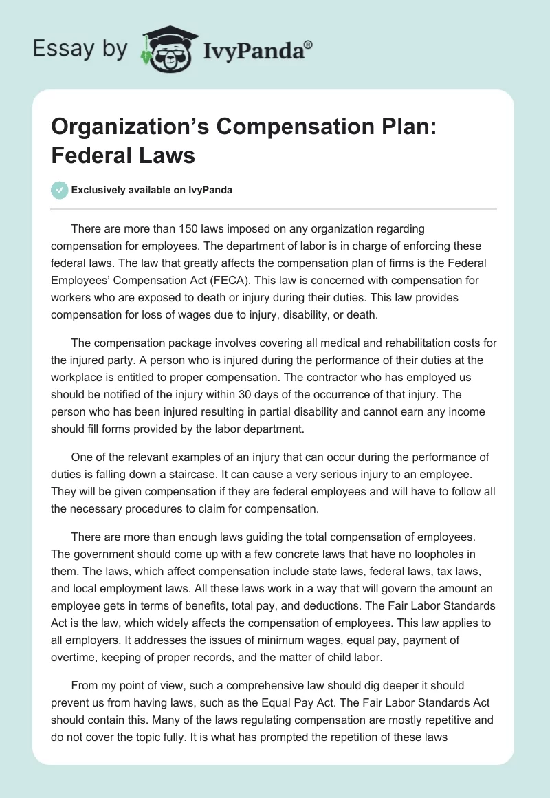 Organization’s Compensation Plan: Federal Laws. Page 1