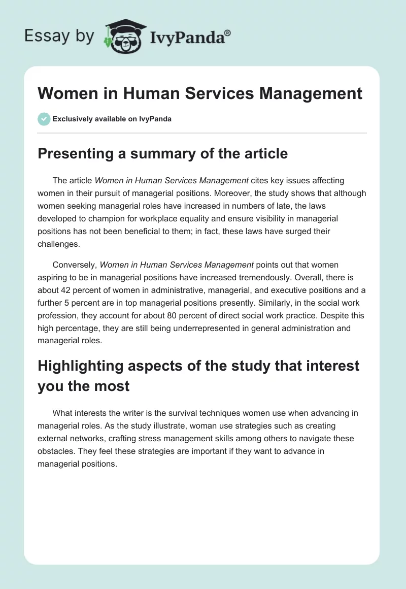 Women in Human Services Management. Page 1