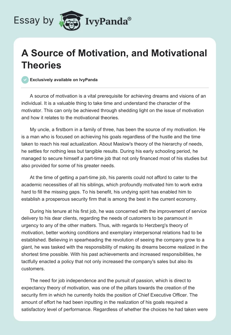 A Source of Motivation, and Motivational Theories. Page 1