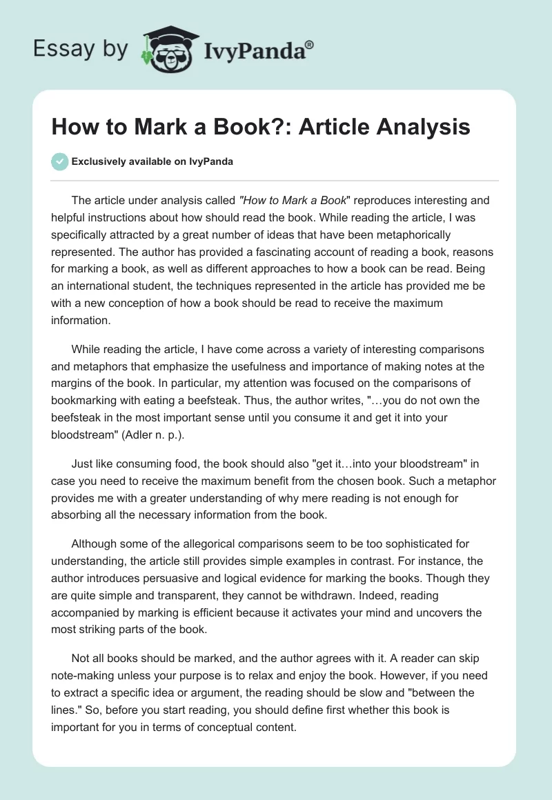 How to Mark a Book?: Article Analysis. Page 1