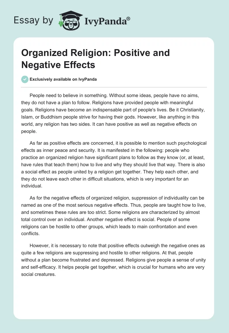 Organized Religion: Positive and Negative Effects. Page 1