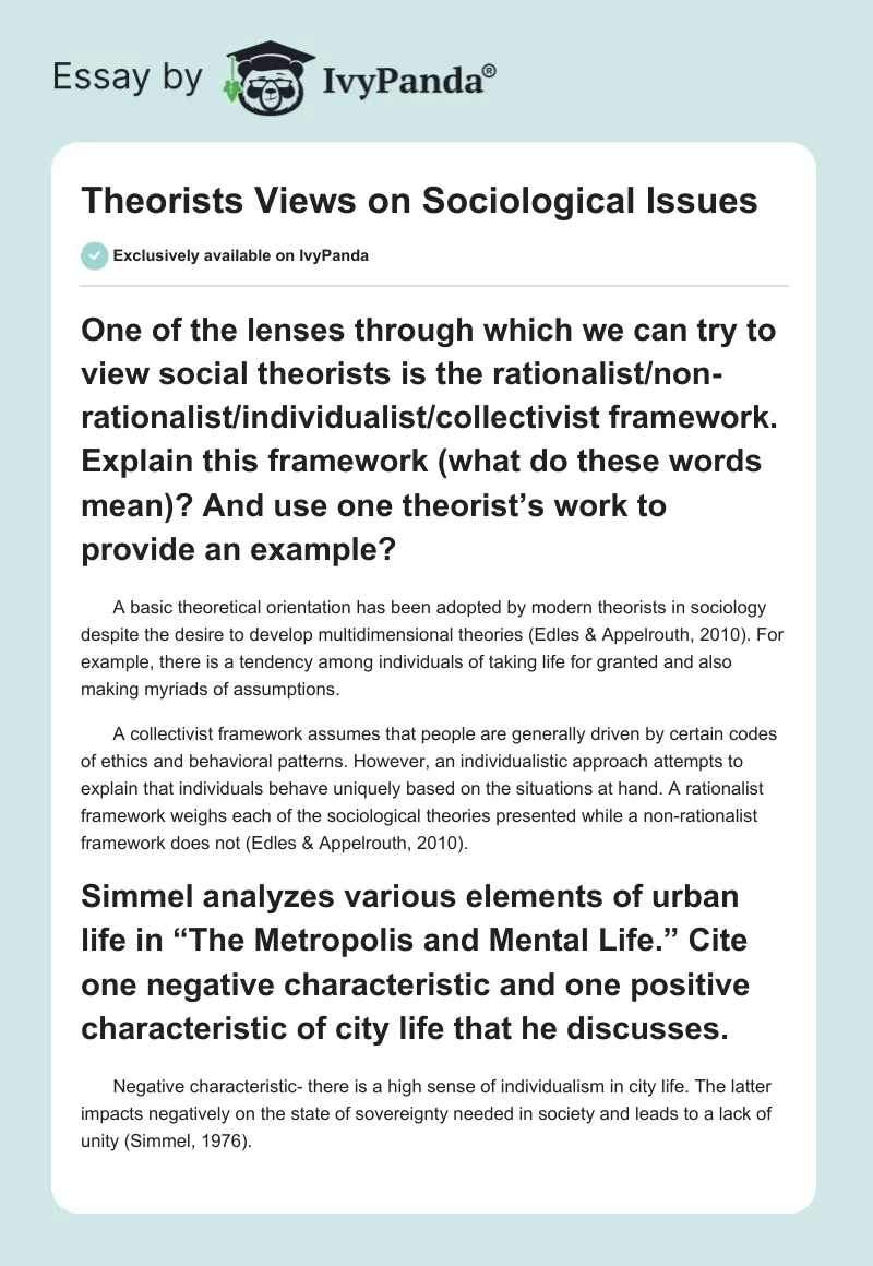 Theorists Views on Sociological Issues. Page 1