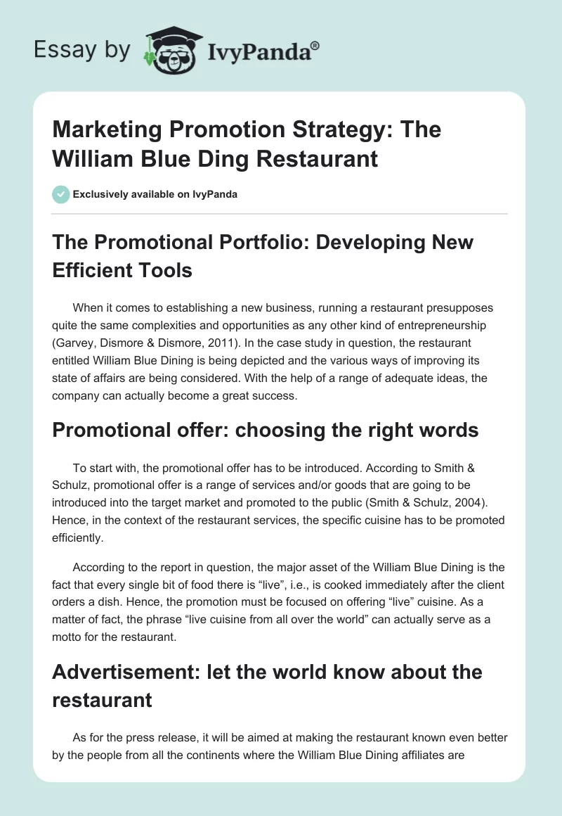 Marketing Promotion Strategy: The William Blue Ding Restaurant. Page 1