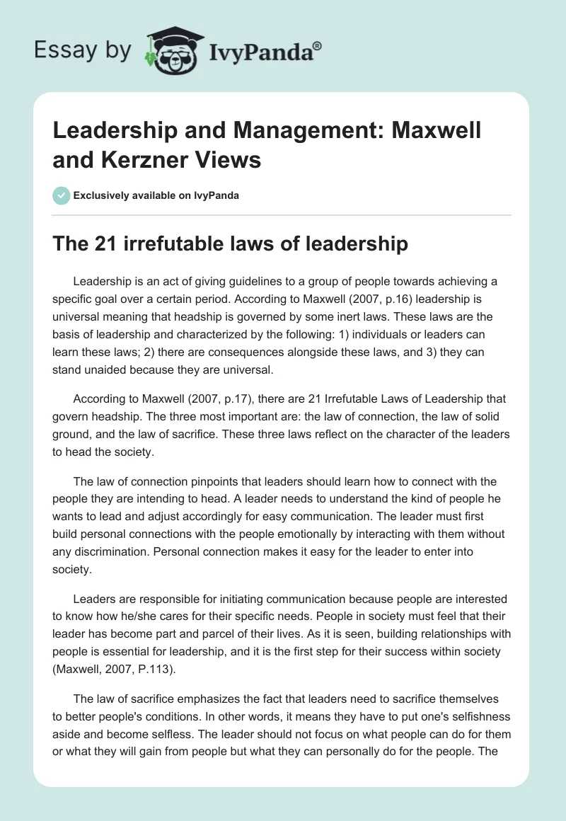 Leadership and Management: Maxwell and Kerzner Views. Page 1