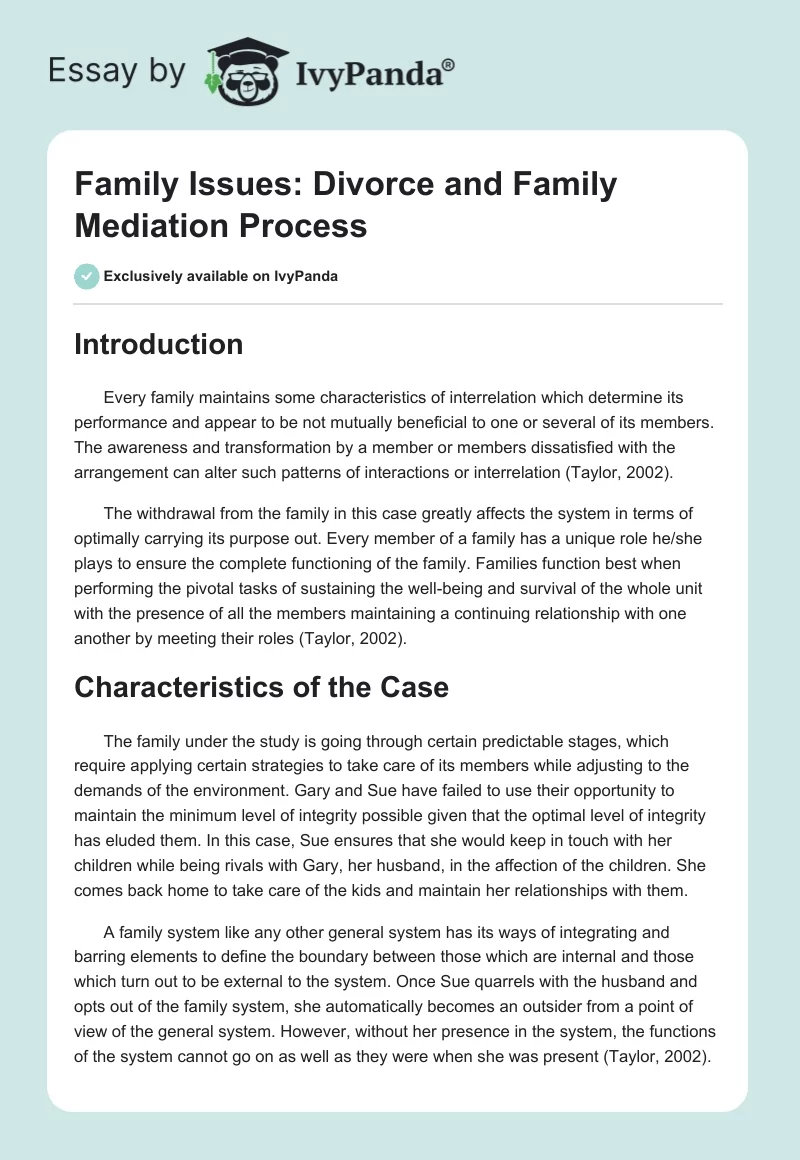 Family Issues: Divorce and Family Mediation Process. Page 1