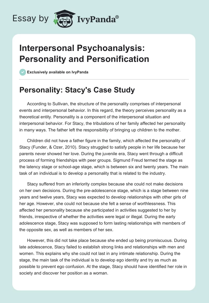 Interpersonal Psychoanalysis: Personality and Personification. Page 1