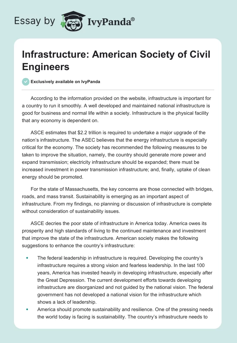 Infrastructure: American Society of Civil Engineers. Page 1