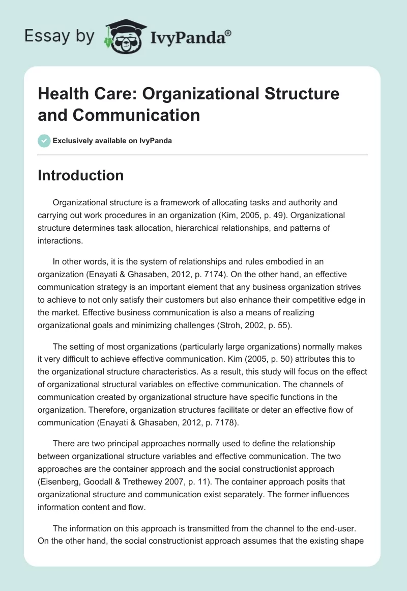 Health Care: Organizational Structure and Communication. Page 1
