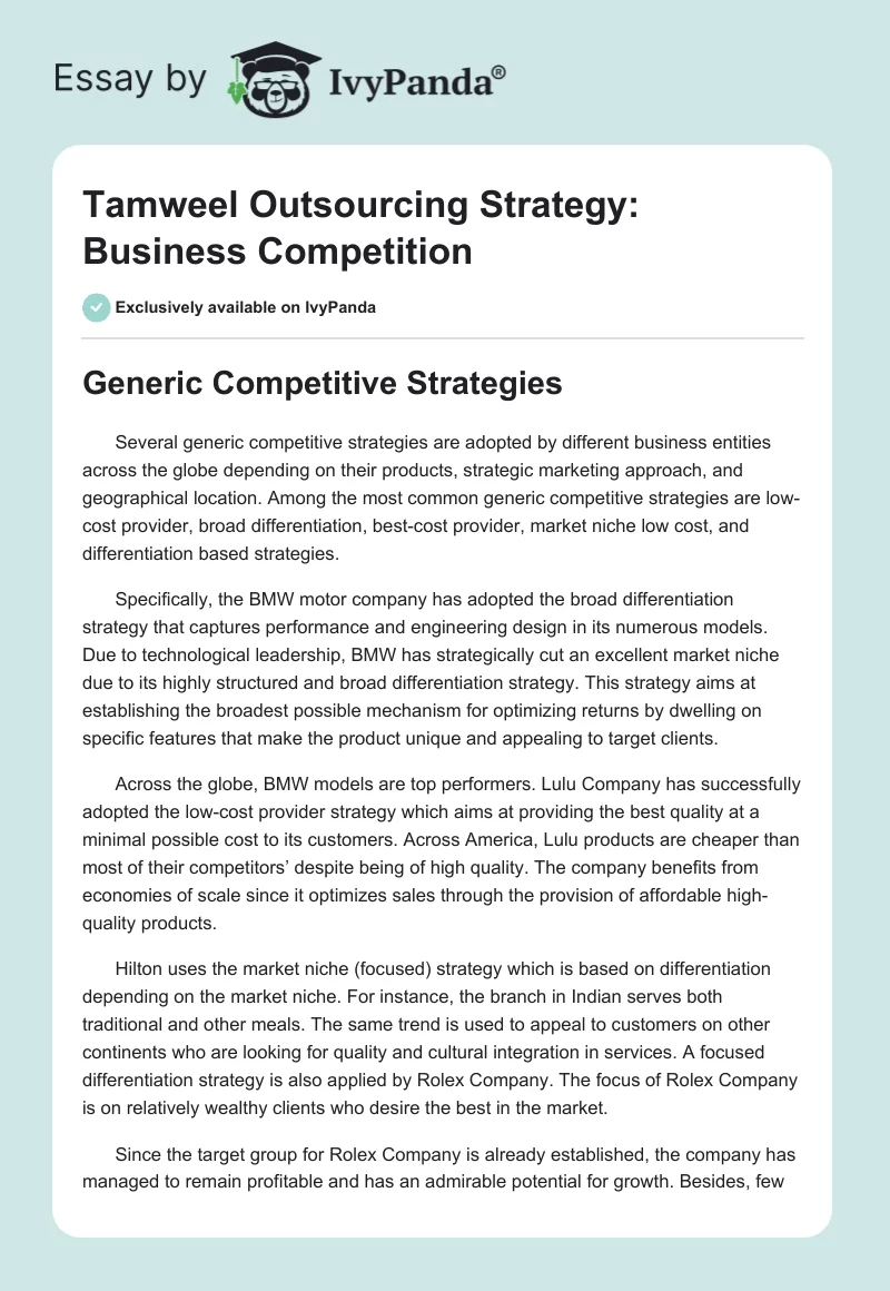 Tamweel Outsourcing Strategy: Business Competition. Page 1