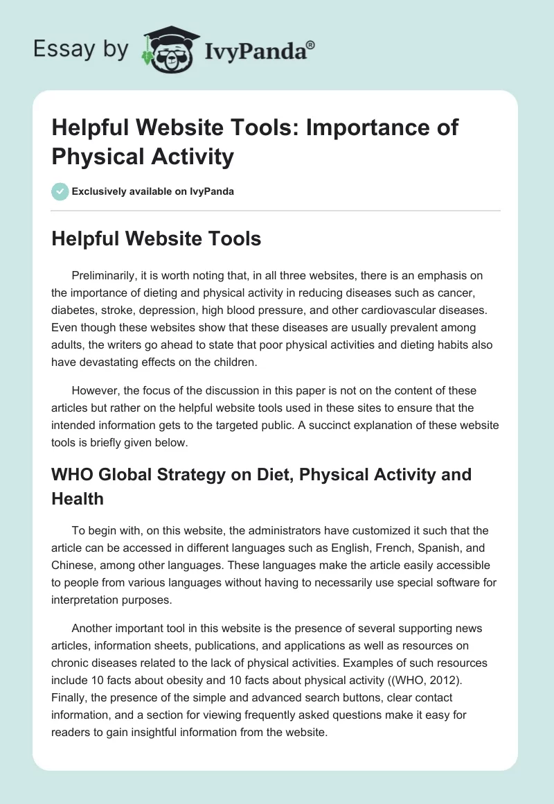 Helpful Website Tools: Importance of Physical Activity. Page 1