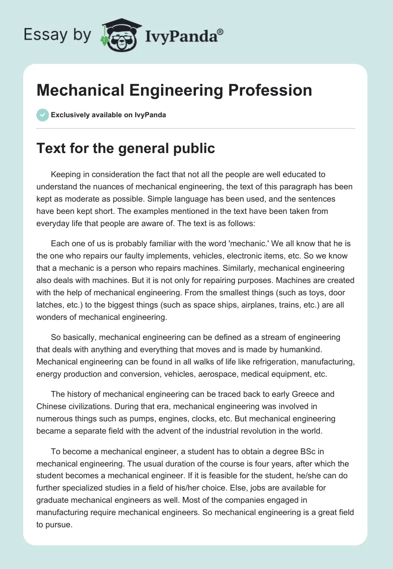 Mechanical Engineering Profession. Page 1