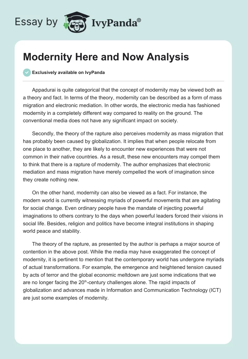 "Modernity Here and Now" Analysis. Page 1