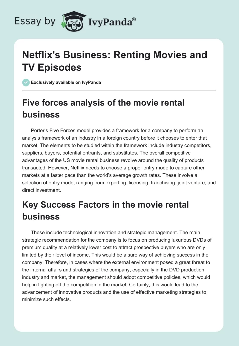 Netflix's Business: Renting Movies and TV Episodes. Page 1