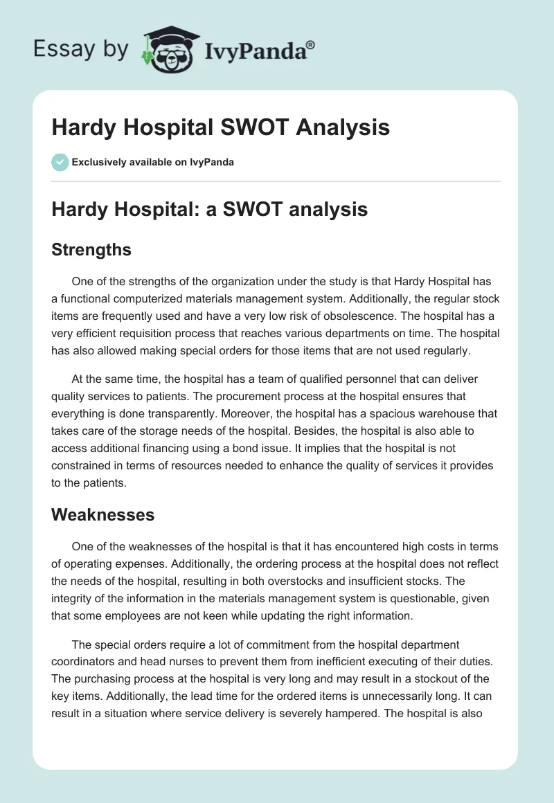Hardy Hospital SWOT Analysis. Page 1