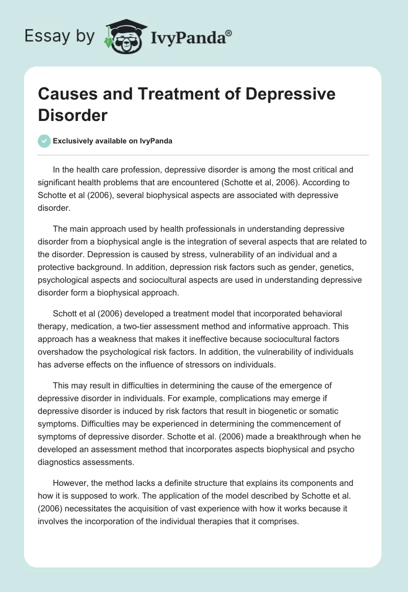 Causes and Treatment of Depressive Disorder. Page 1