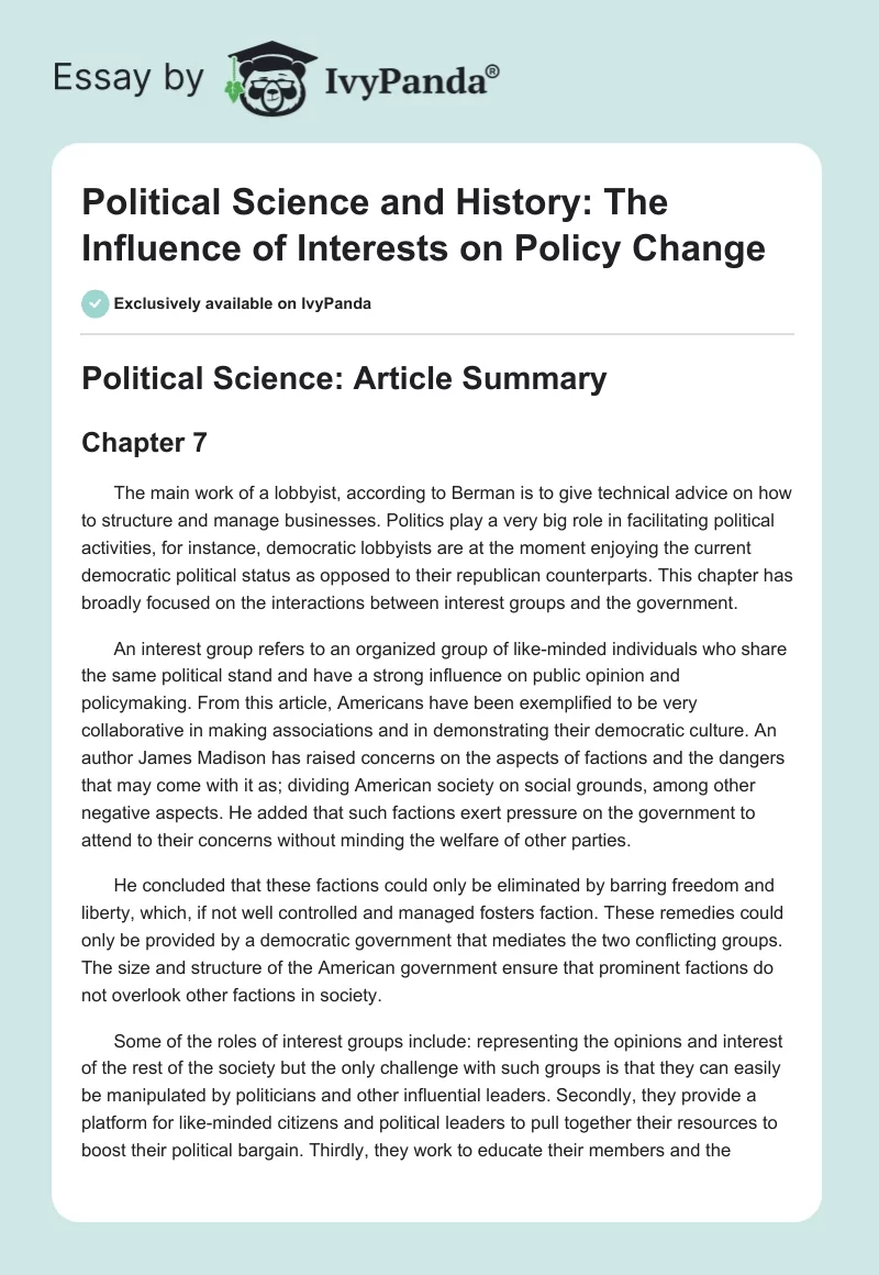 Political Science and History: The Influence of Interests on Policy Change. Page 1