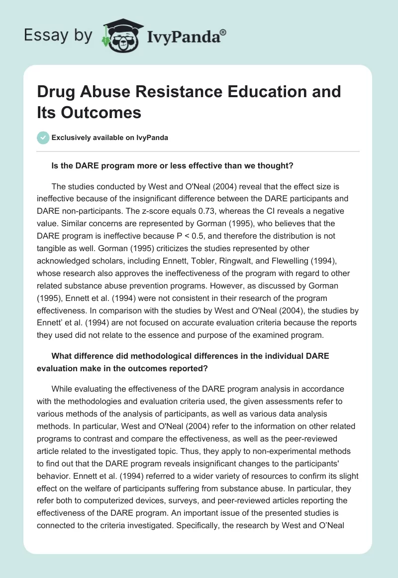 Drug Abuse Resistance Education and Its Outcomes. Page 1