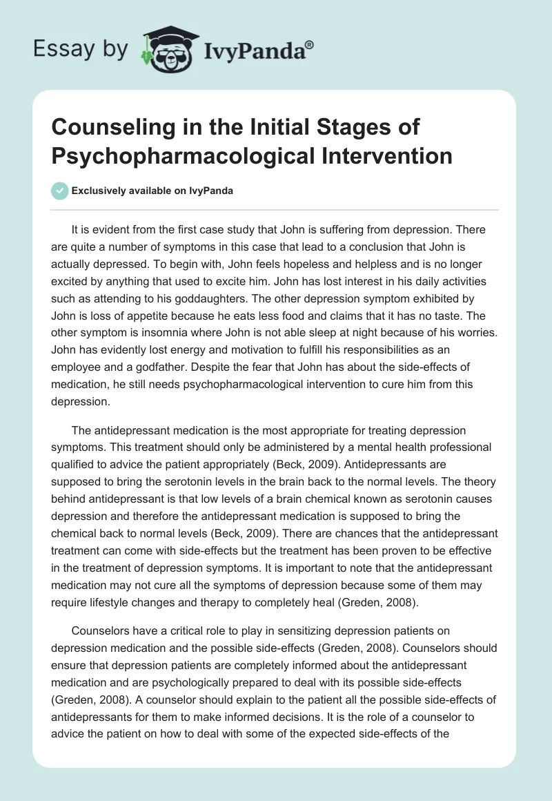 Counseling in the Initial Stages of Psychopharmacological Intervention. Page 1