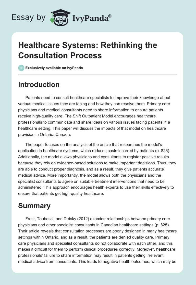 Healthcare Systems: Rethinking the Consultation Process. Page 1