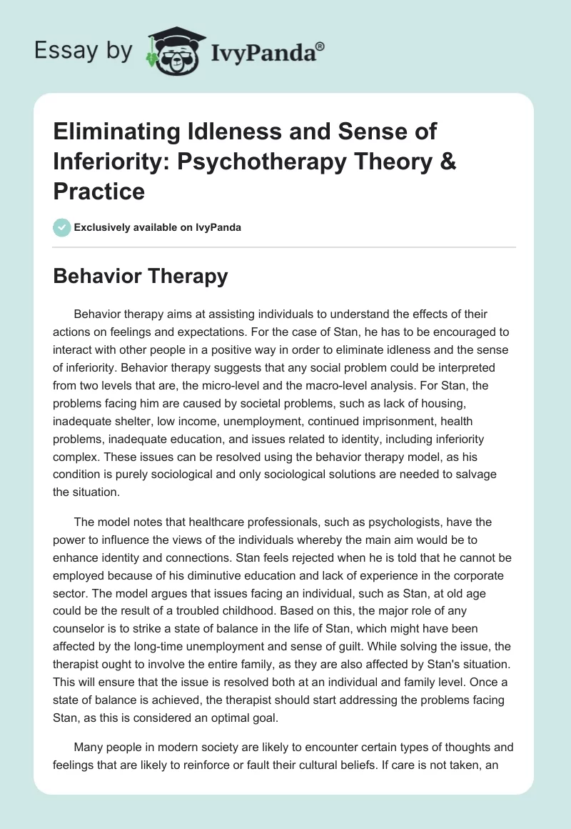 Eliminating Idleness and Sense of Inferiority: Psychotherapy Theory & Practice. Page 1