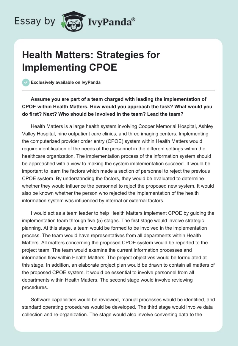 Health Matters: Strategies for Implementing CPOE. Page 1