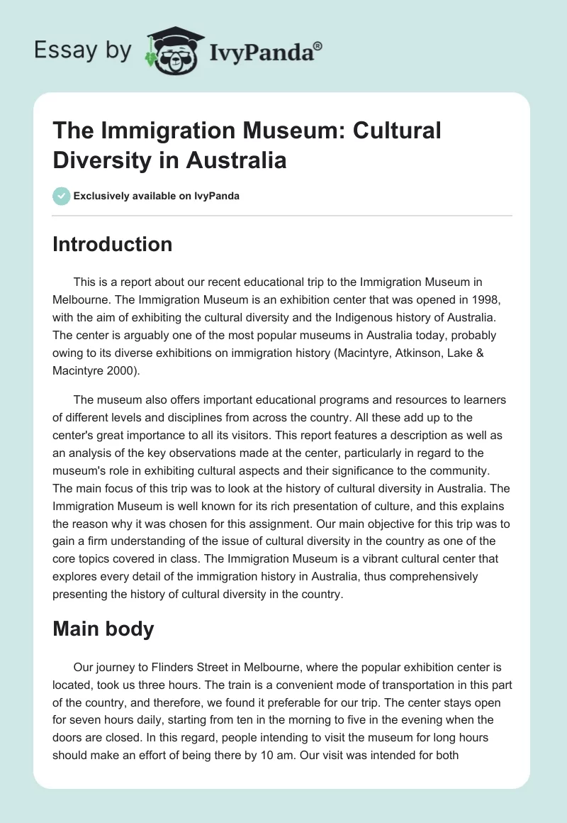 The Immigration Museum: Cultural Diversity in Australia. Page 1