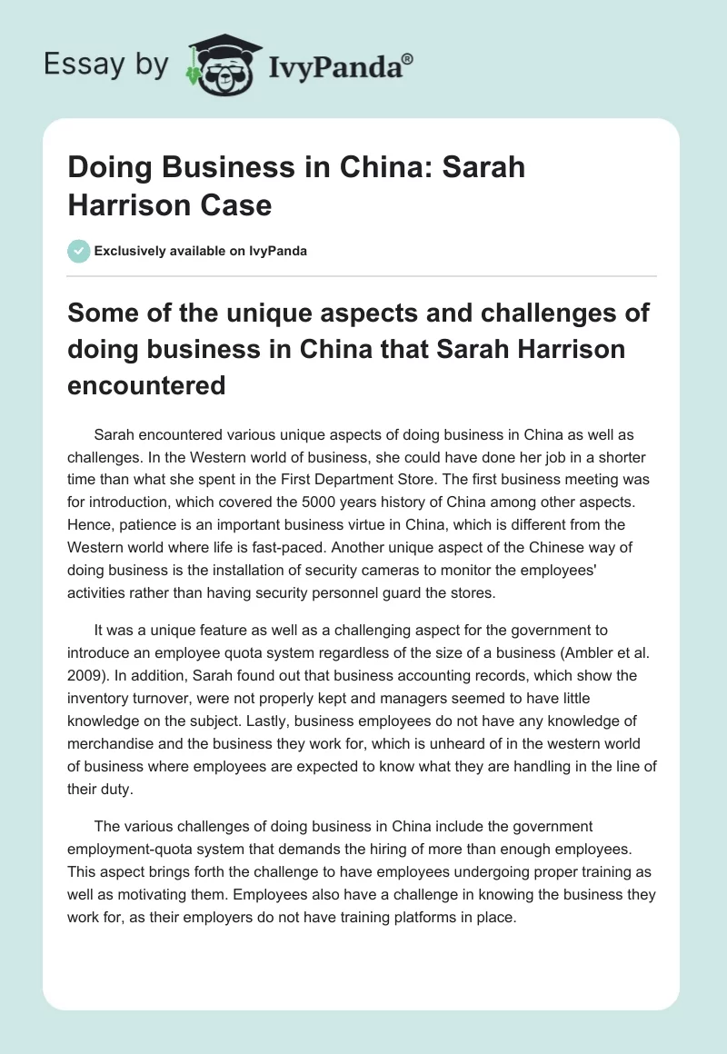 Doing Business in China: Sarah Harrison Case. Page 1