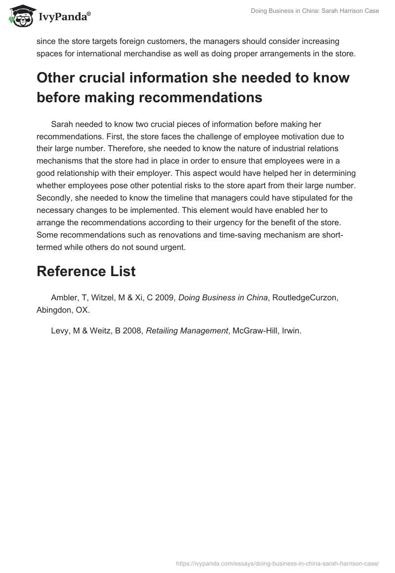 Doing Business in China: Sarah Harrison Case. Page 3