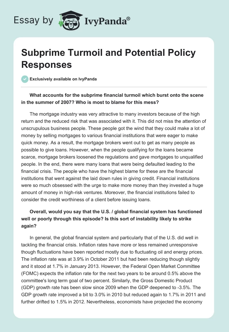 Subprime Turmoil and Potential Policy Responses. Page 1