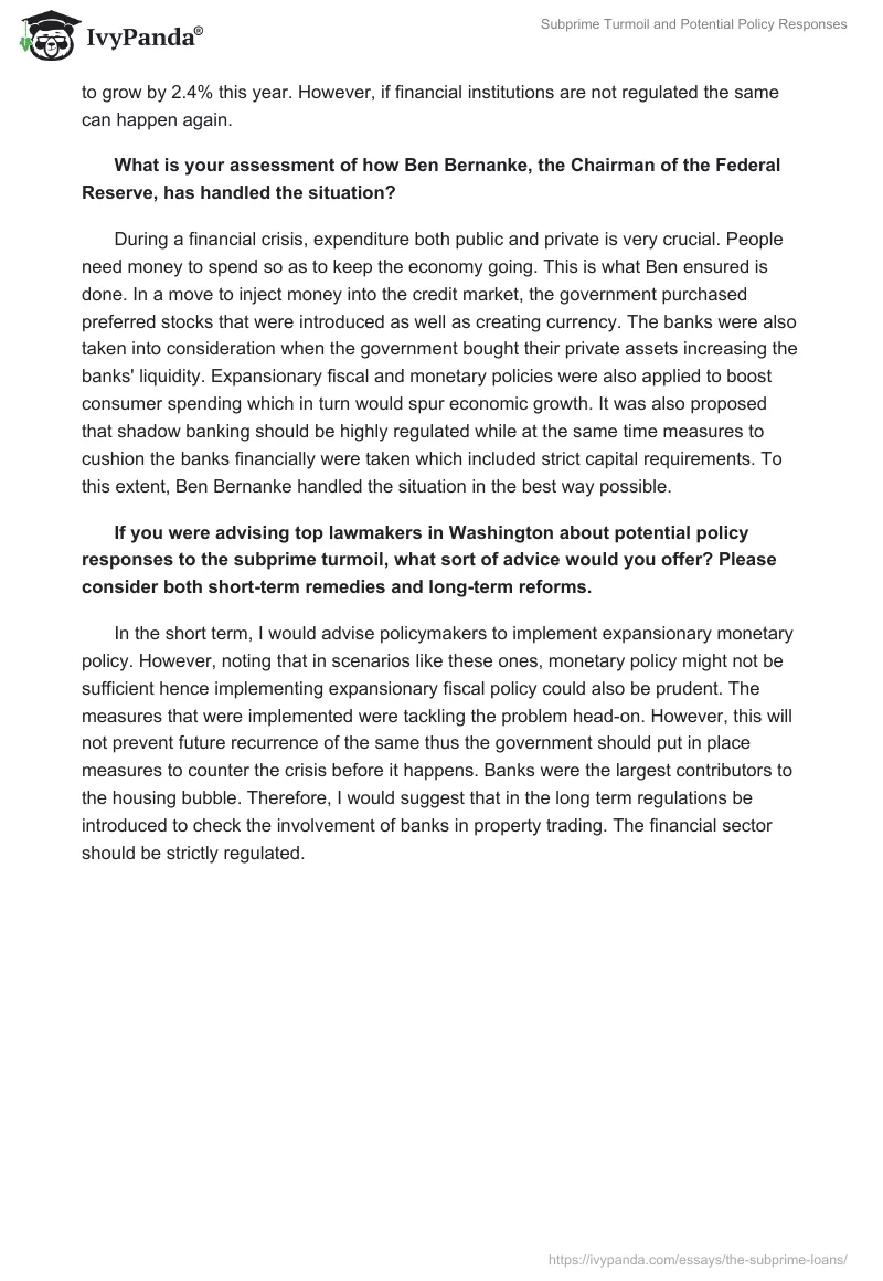 Subprime Turmoil and Potential Policy Responses. Page 2