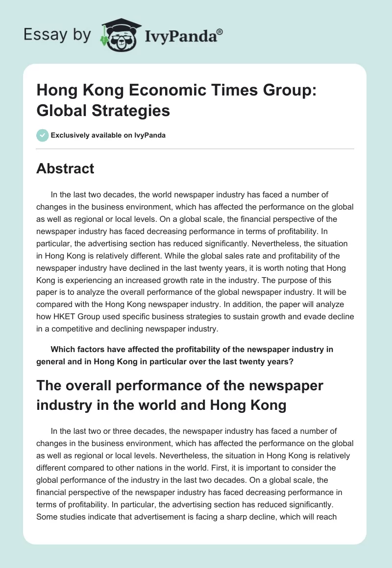 Hong Kong Economic Times Group: Global Strategies. Page 1