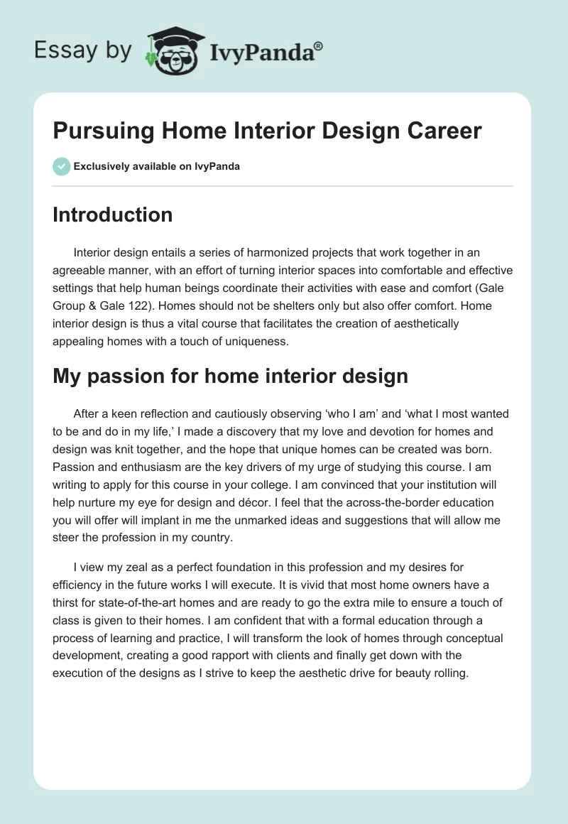 Pursuing Home Interior Design Career. Page 1