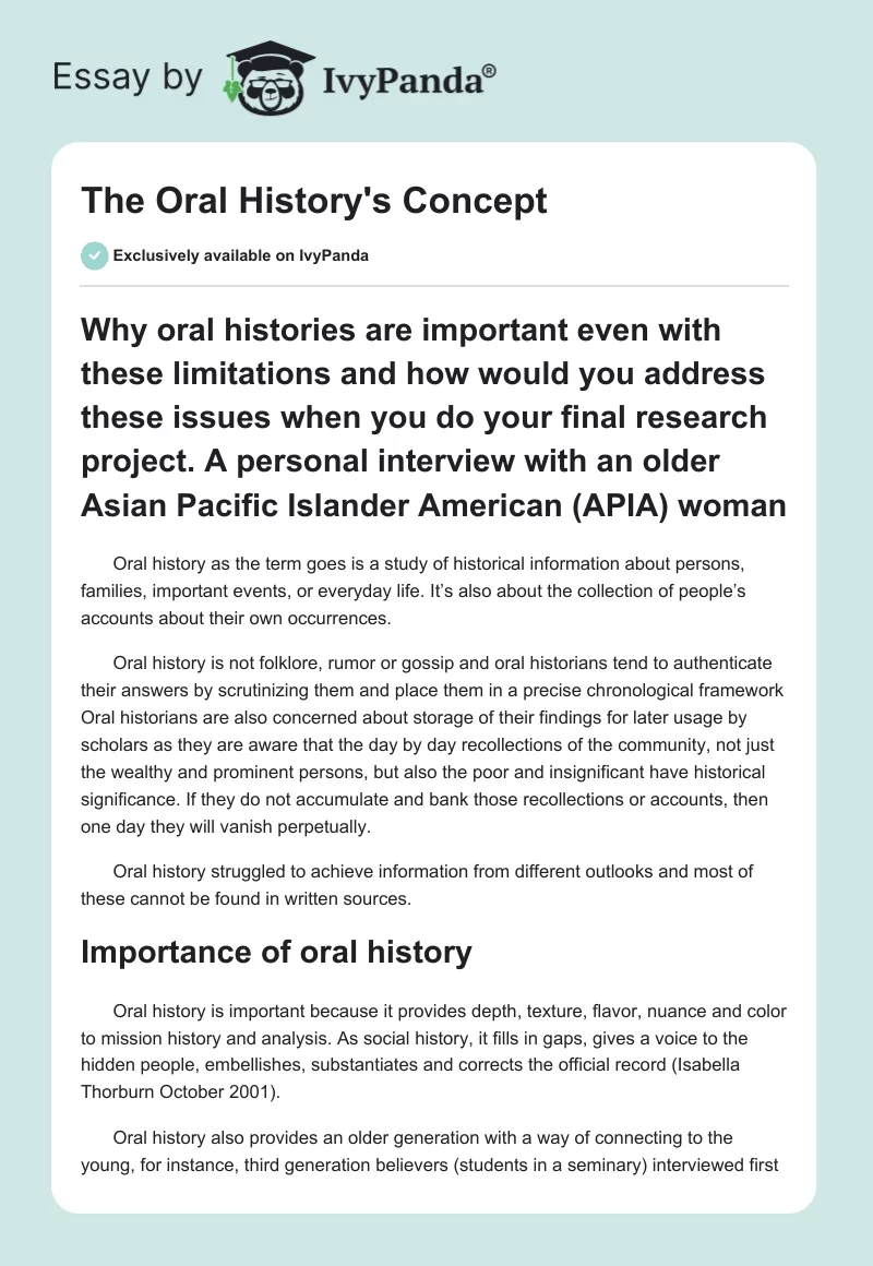 The Oral History's Concept. Page 1