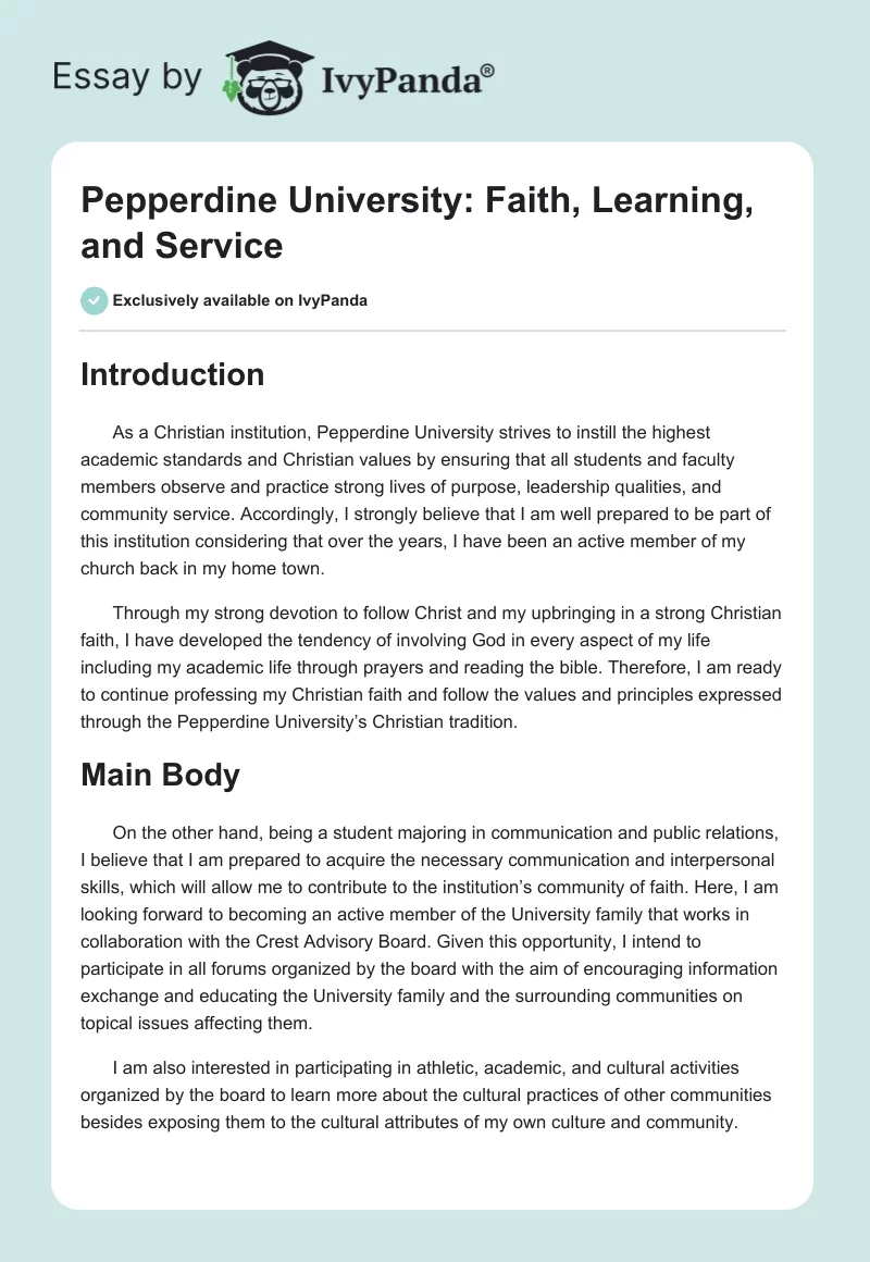 Pepperdine University: Faith, Learning, and Service. Page 1