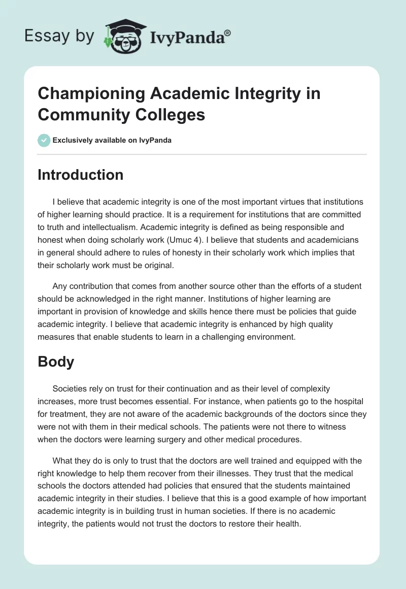 Championing Academic Integrity in Community Colleges. Page 1