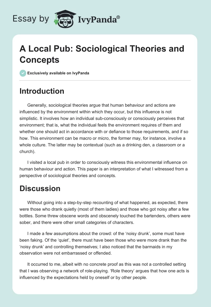 A Local Pub: Sociological Theories and Concepts. Page 1
