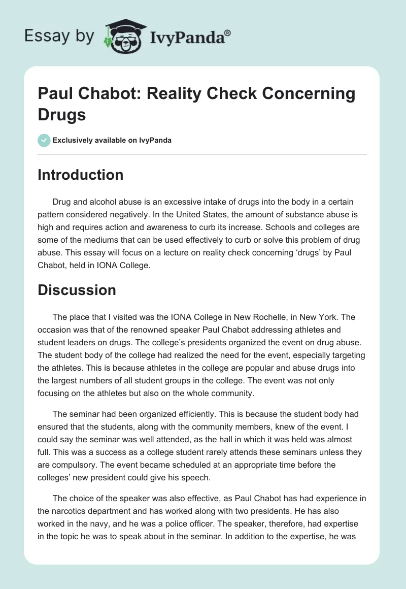 Paul Chabot: Reality Check Concerning Drugs. Page 1