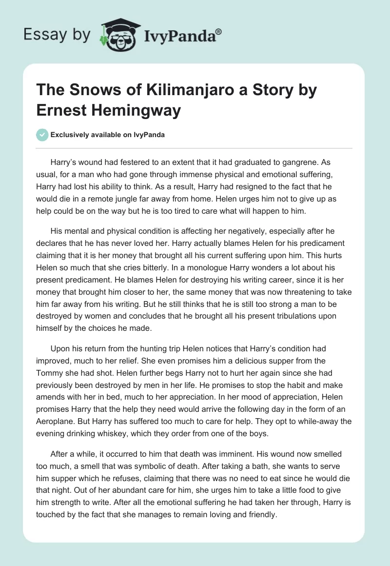 "The Snows of Kilimanjaro" a Story by Ernest Hemingway. Page 1