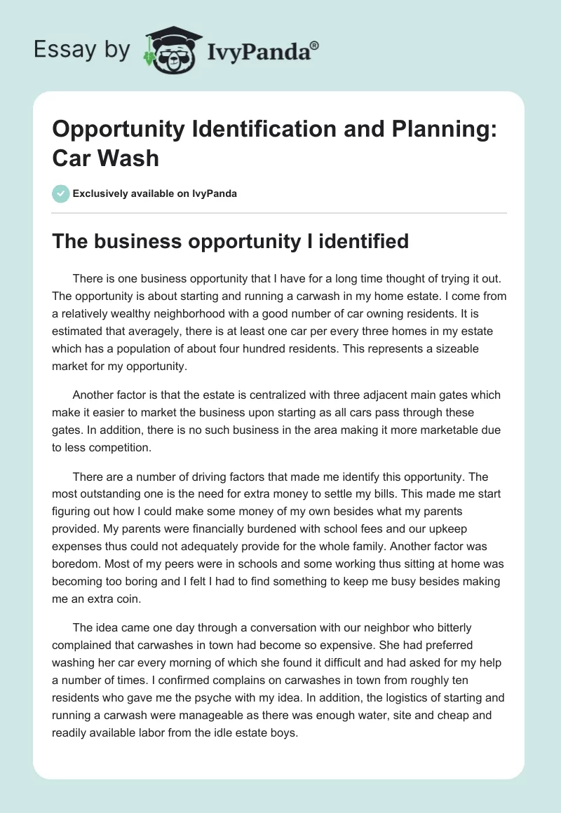 Opportunity Identification and Planning: Car Wash. Page 1