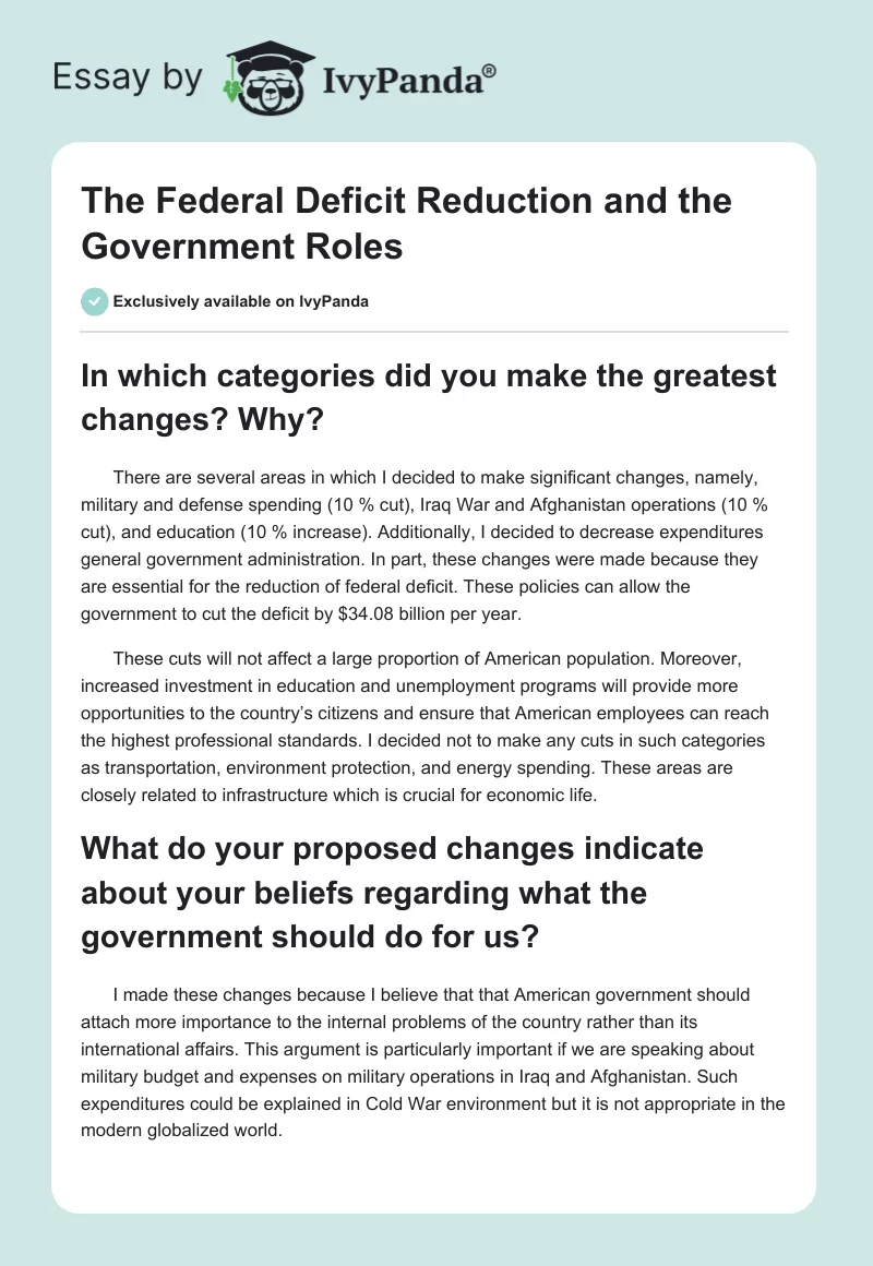 The Federal Deficit Reduction and the Government Roles. Page 1