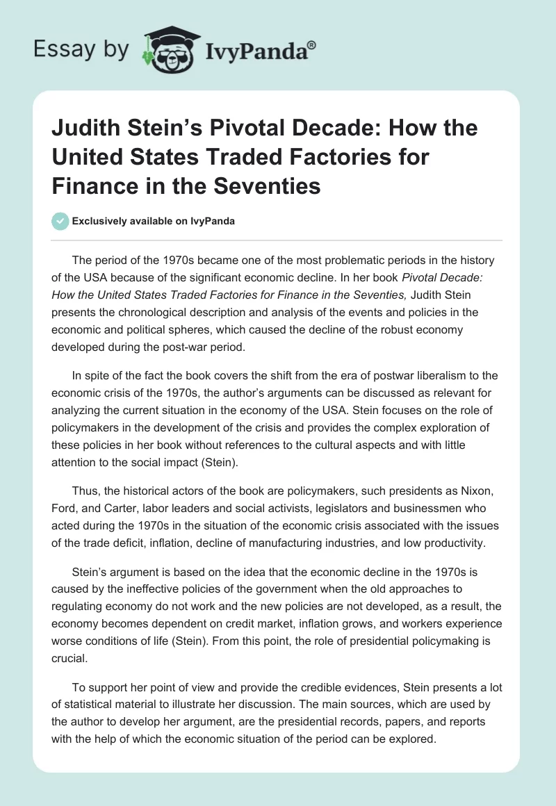 Judith Stein’s Pivotal Decade: How the United States Traded Factories for Finance in the Seventies. Page 1