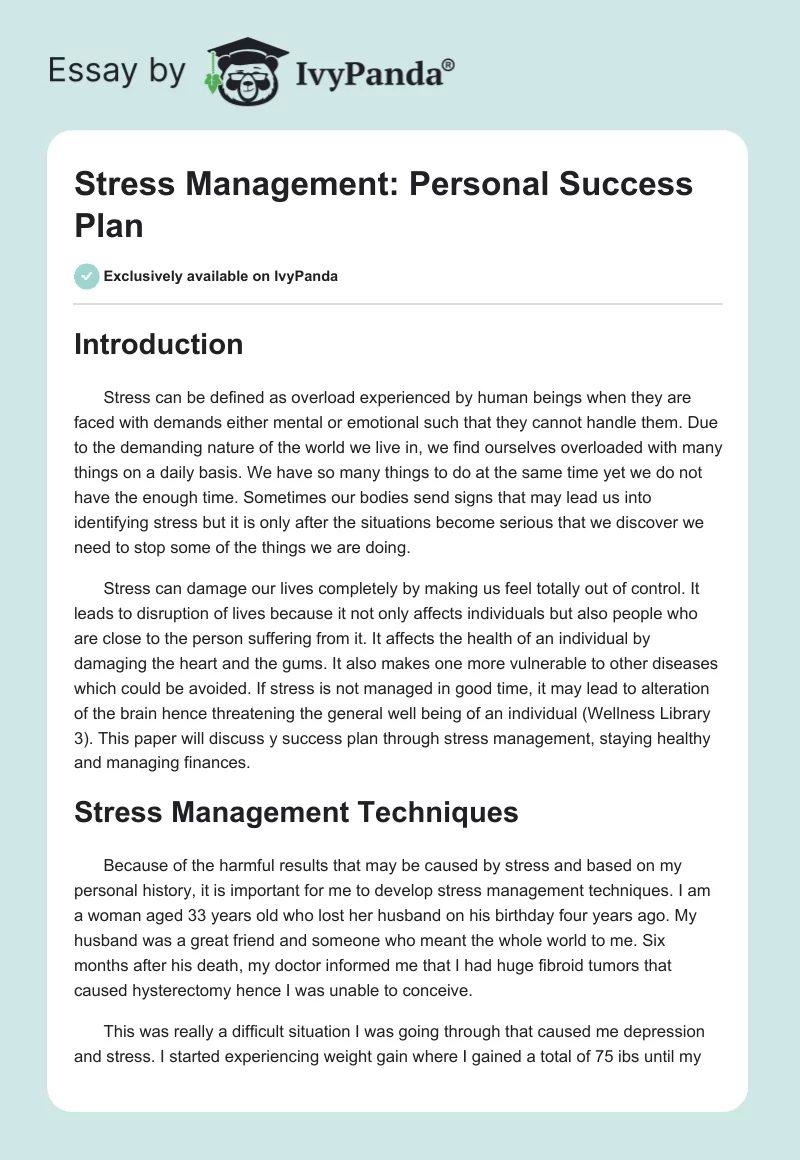 Stress Management: Personal Success Plan. Page 1