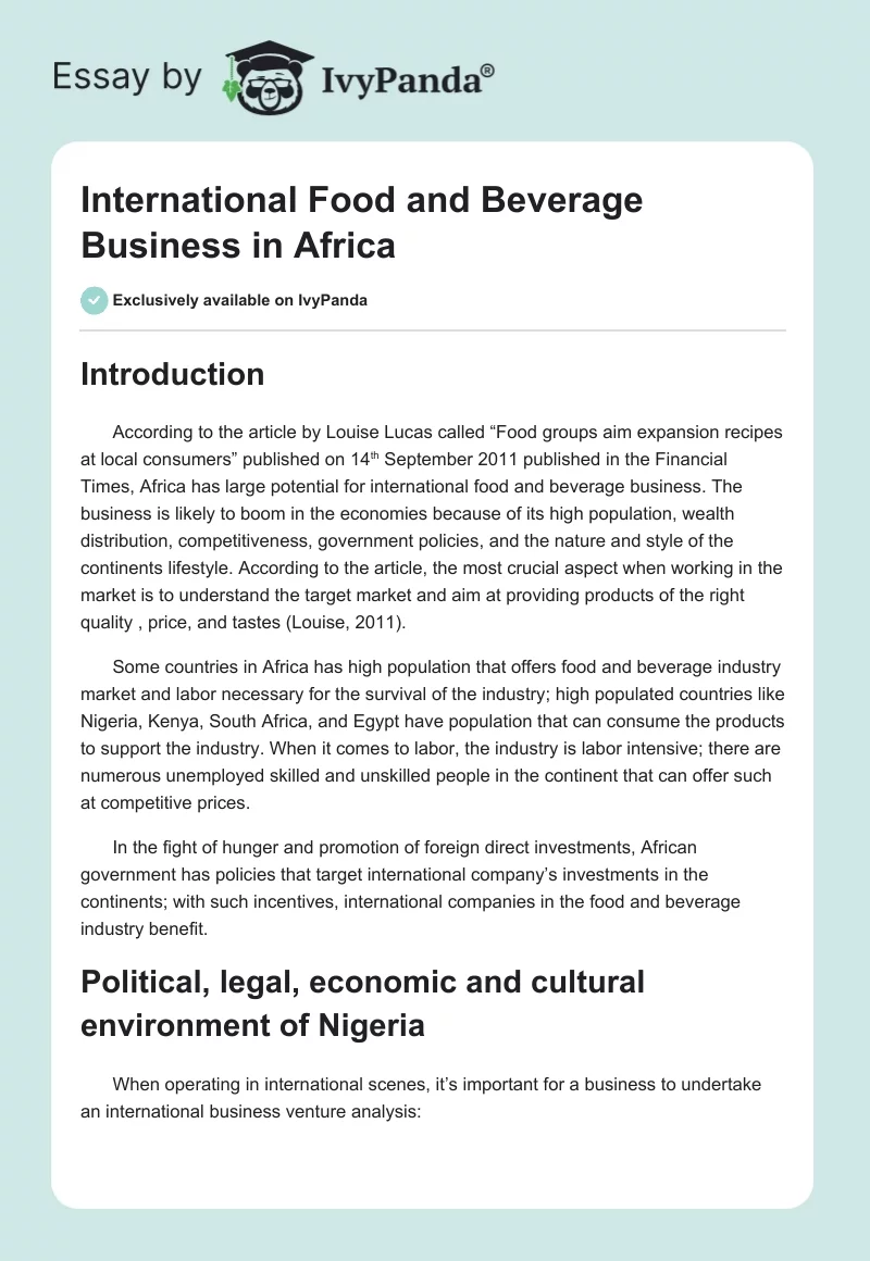 International Food and Beverage Business in Africa. Page 1