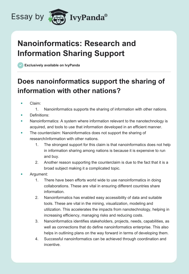 Nanoinformatics: Research and Information Sharing Support. Page 1