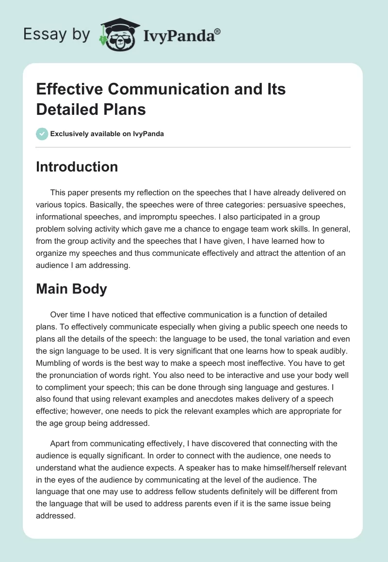 Effective Communication and Its Detailed Plans. Page 1