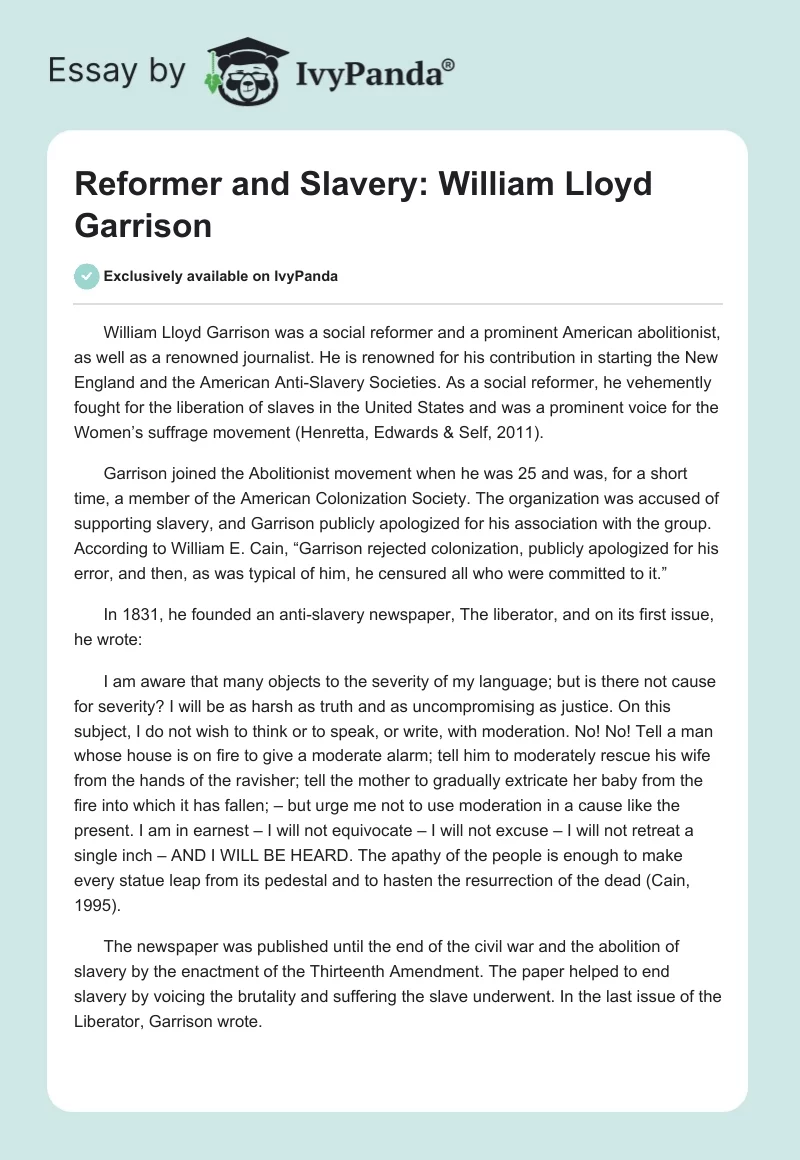 Reformer and Slavery: William Lloyd Garrison. Page 1